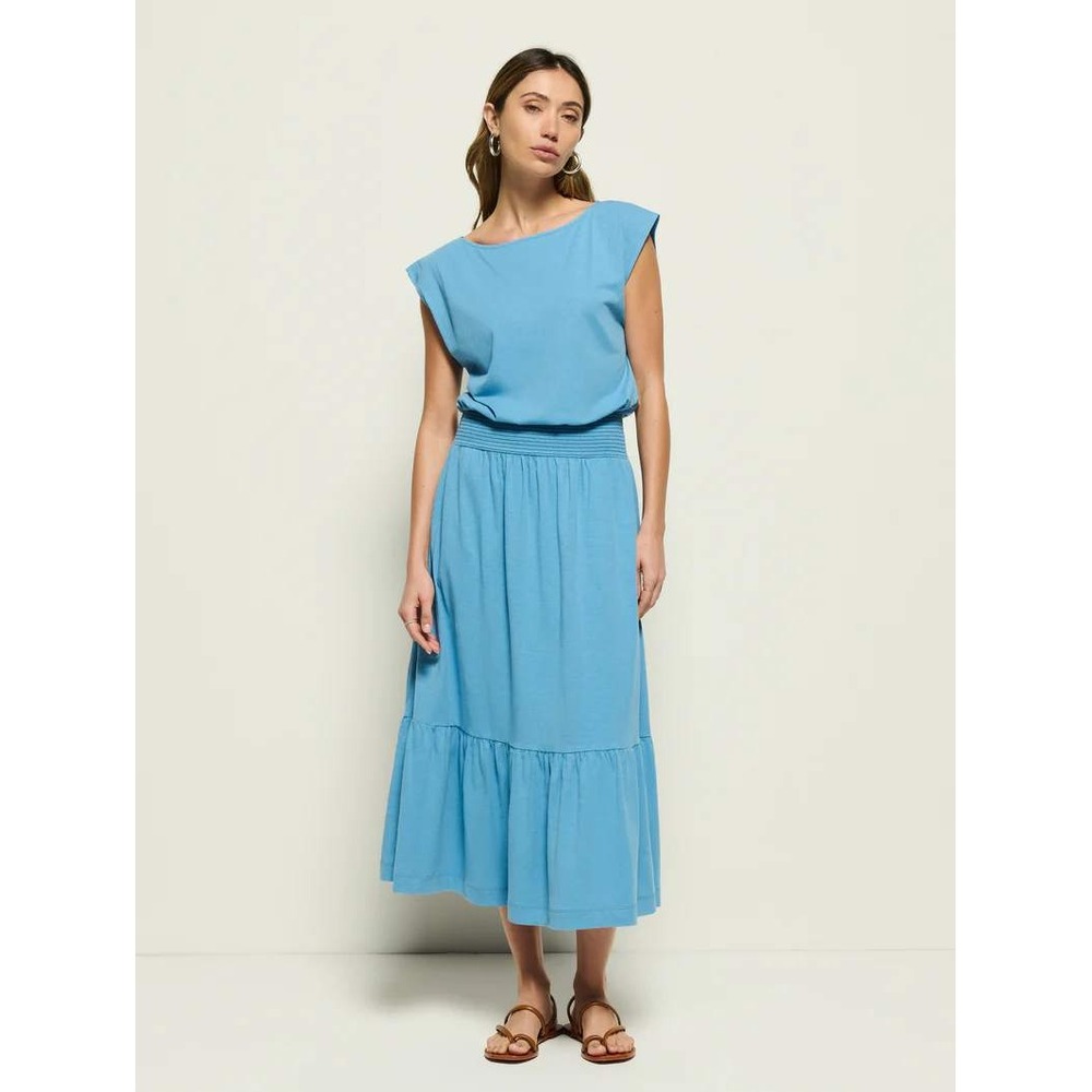 Nation LTD Evonne Maxi Dress Seascape Blue Pima Cotton Smocked Waist XS NEW